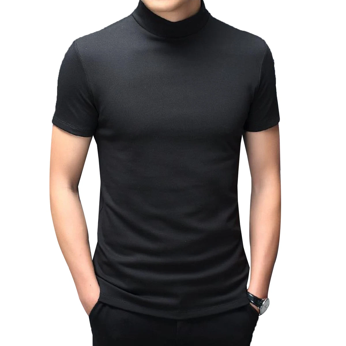 Men s Slim Fit Turtleneck Short Sleeve T Shirt Basic Knitted Solid Pullover Tops
