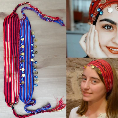 HANDCRAFTED Turkish Headband Scarf wit Evil Eye & Coins, Traditional Hair Accessory, Bandana