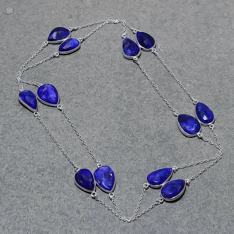 Hermoso collar de piedras preciosas de zafiro azul hecho a mano cadena en forma de pera joyería 36" Foto 2 de 4
