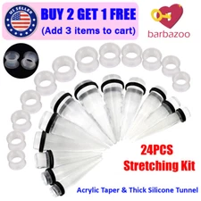 24PC Big Ear Stretching Kit Clear Acrylic Taper Thick Silicone Tunnel 00G-20mm