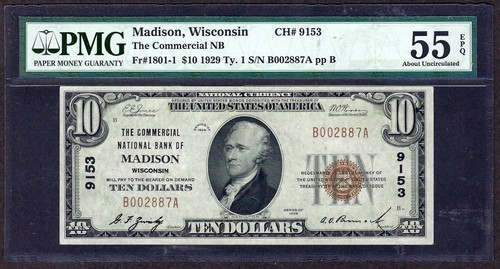🇺🇸 WI 1929 $10 ♚♚MADISON, WISCONSIN♚♚ PMG ABOUT UNC 55 EPQ - Picture 2 of 3