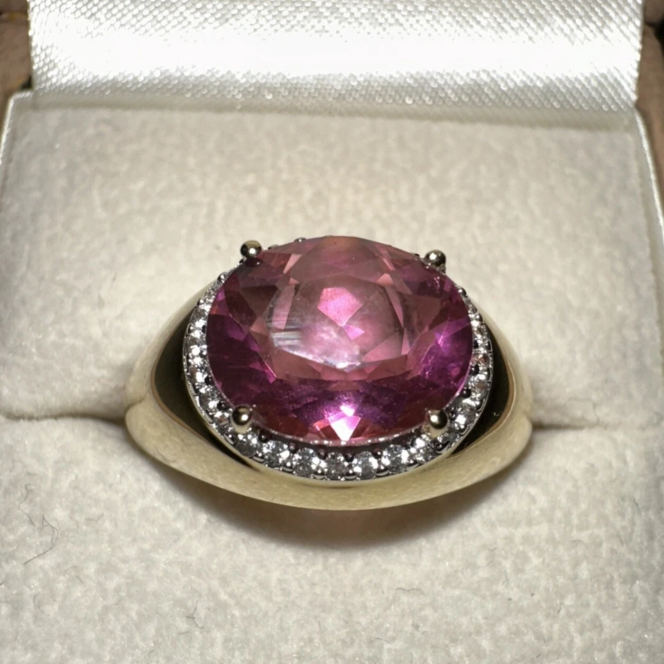 Da.-Ring Silber 925,vergoldet, Gr. 56, 1Flourit Pink 10x8mm, Zirkone, 11mm breit