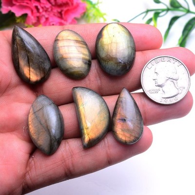 6 Pcs Natural Labradorite Golden Fire 26mm-30mm Cabochon Untreated Gemstones Lot