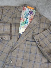 Tallia Blazer Mens 44R Taupe Mason Fit Windowpane Linen Sport Coat Floral Jacket