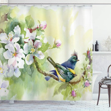 Flowers Shower Curtain, Watercolor Style Effect Birds of Spring on Tree Branch I