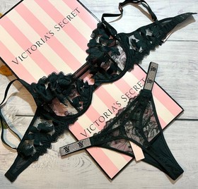 Victoria's Secret LUXE Unlined Embroidered Demi Bra Thong Set 2 pcs Green