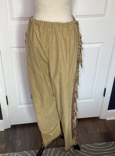 Vintage Handarbeit Hippie Boho Fransen bestickt Seiten hellbraun Pull On Hose - Bild 3 von 10