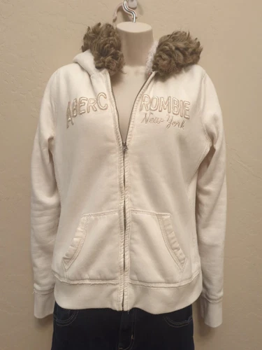 OFF WHITE Felpa con cappuccio Abercrombie donna NY taglia L giacca zip manica lunga avorio