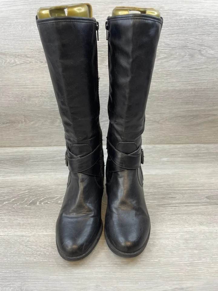 Rialto Caparella Mujer 8 Negro Montar Cuero Bota Hasta la Rodilla Bloque Tacón Cremallera Foto 2 de 4