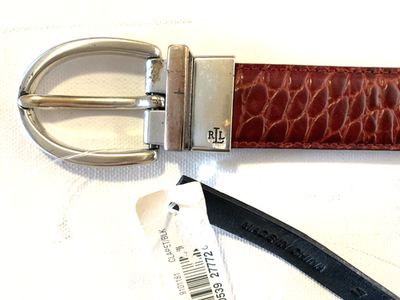 RALPH LAUREN Belt Burgundy Embossed Genuine Leather Silver Tone