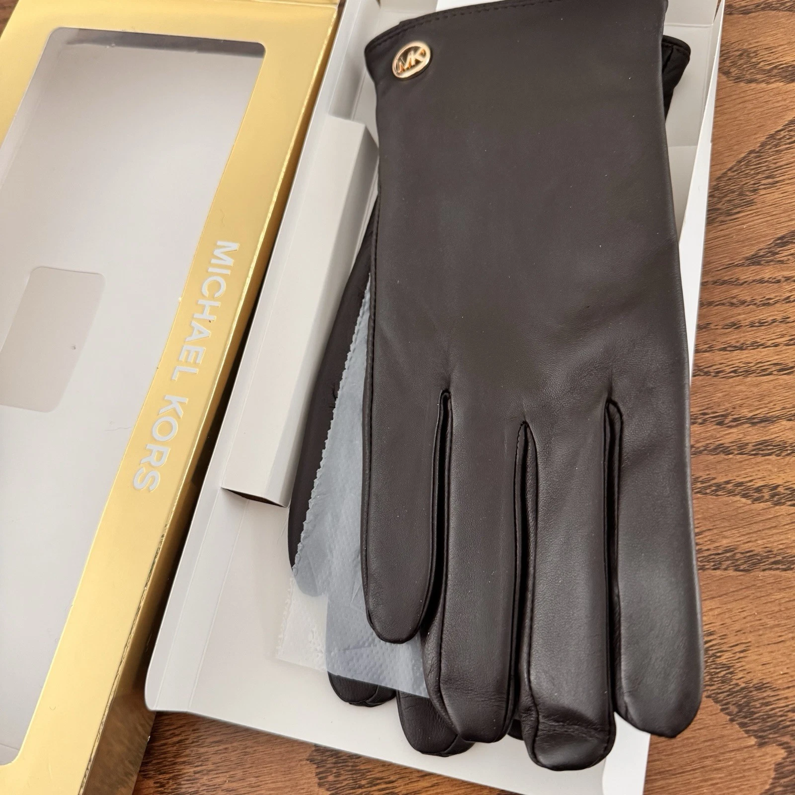 Michael Kors Women's Brown Leather Tech Gloves Size XL Touch Tip Logo Lined NEW