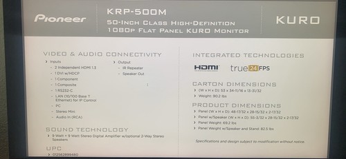 Pioneer Kuro KRP-500M 50" 1080p HD Flat Panel Monitor Used - Picture 11 of 12
