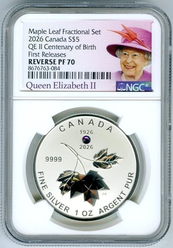 2026 $5 1 OZ SILVER CANADA QEII CENTENARY MAPLE LEAF NGC PF70 REVERSE PROOF - FR