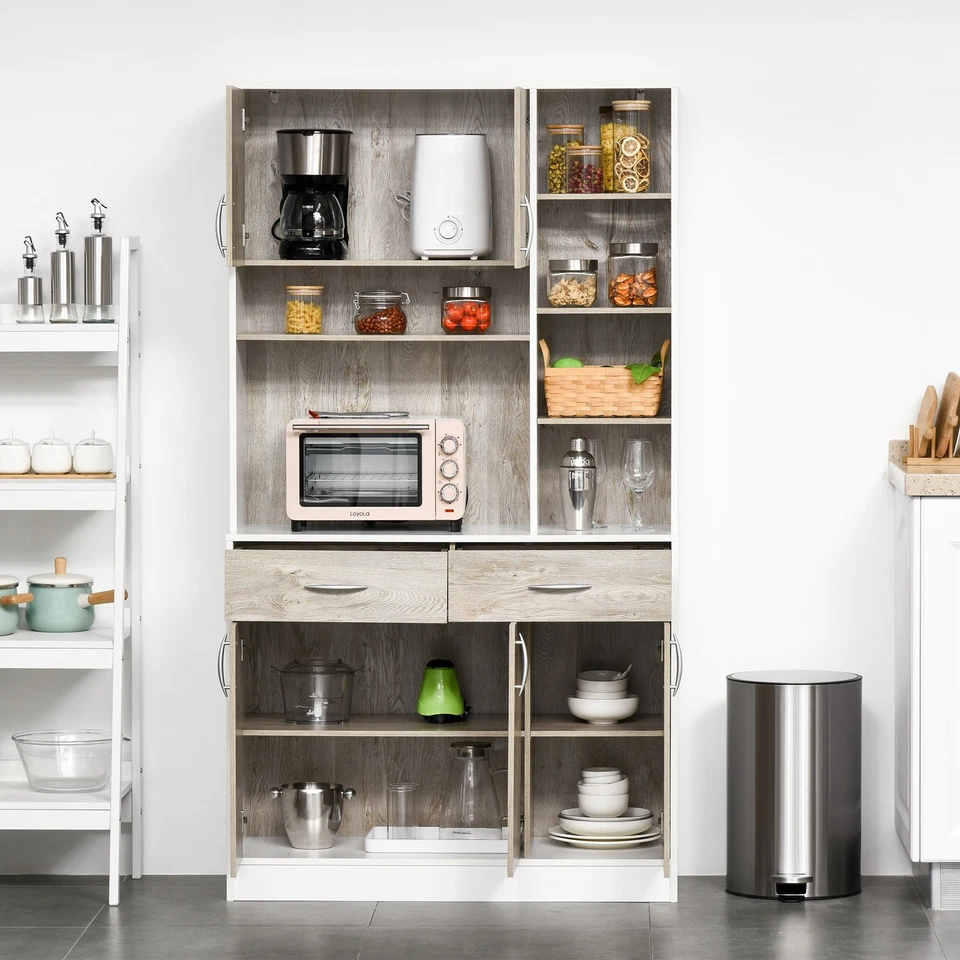 HOMCOM Mobile Buffet Dispensa Cucina, Ante Cassetti Vani Aperti, Bianco e Legno - Immagine 3 di 4