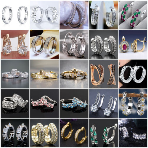 Boucles d'oreilles argent, cerceau doré pour femmes mode zircone cubique bijoux de mariage - Photo 1 sur 88