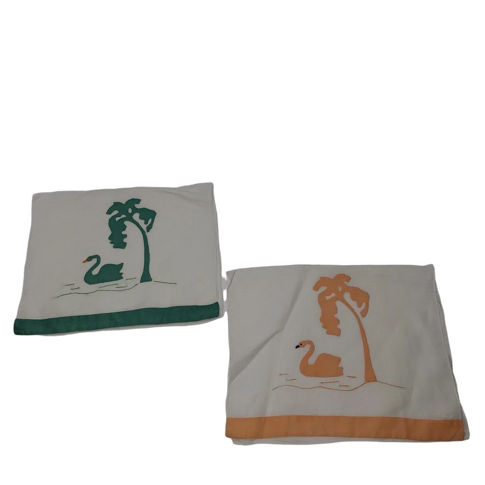Vintage 2 pañuelos verde naranja cisne en el árbol de agua 15 x 9 cada uno Foto 2 de 4