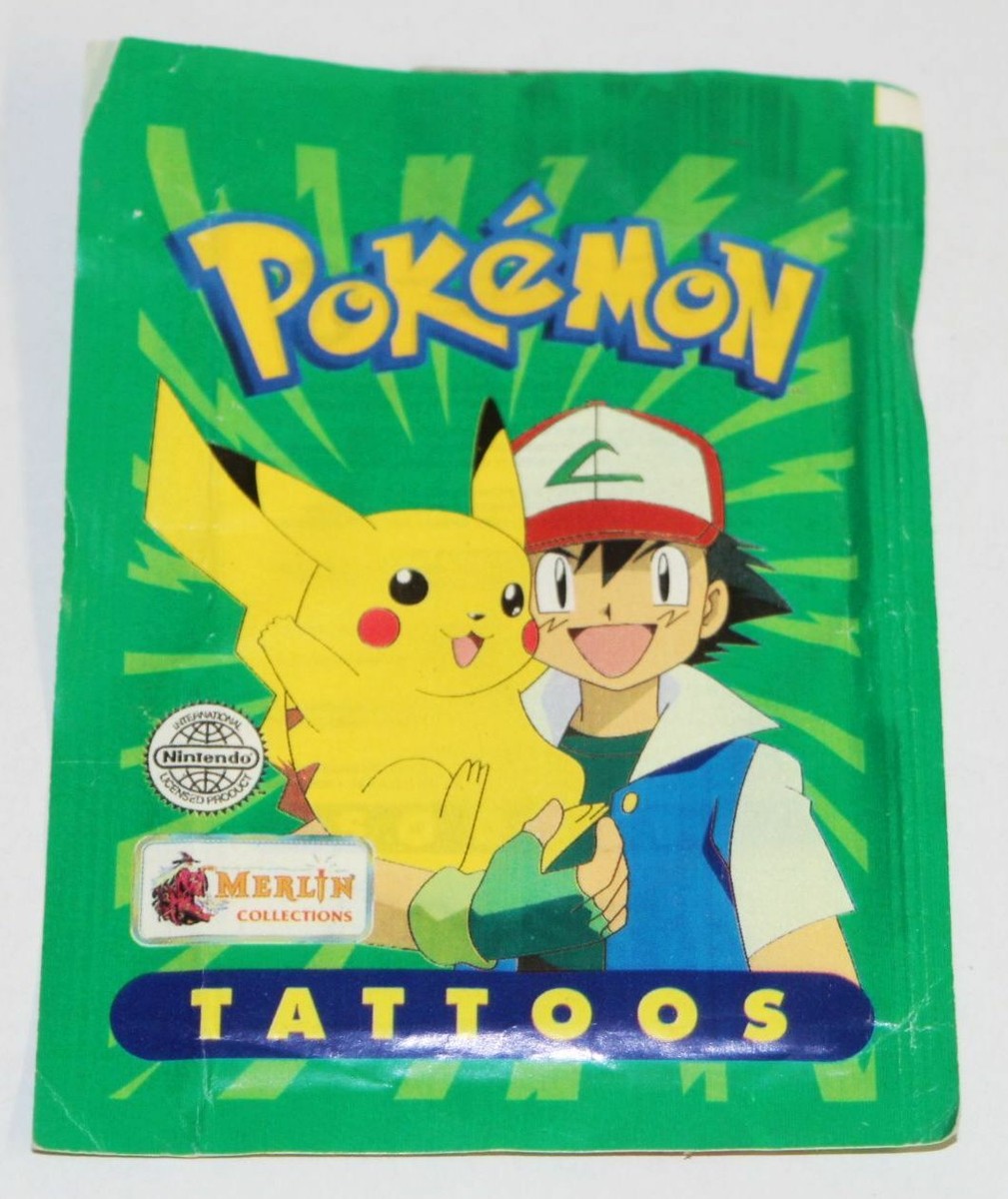 1999 Topps Merlin Pokemon Tattoos Pikachu & Ash Green Package