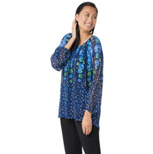 Susan Graver Printed Crinkle Chiffon Peasant Tunic w/Knit Tank-Navy-Med-A351016