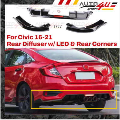 For 2016-2021 Honda Civic Sport Style Rear Bumper Spoiler LED Diffuser & Corners