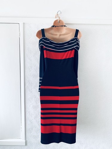 Frank Lyman Multi Colour Stripe Cold Shoulder Stretchy Dress Size Uk 14 - Picture 7 of 13
