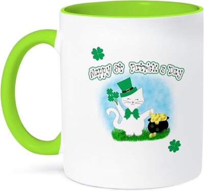 3dRose Coffee Mug, Size - 11oz - Cute White Cat Lovers - Happy St Patricks Day P