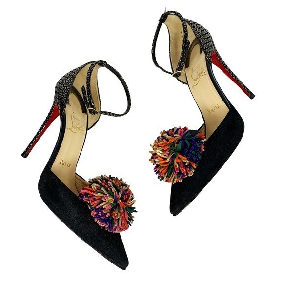 Christian Louboutin Tsarou Rainbow Pom-Pom Ankle Strap Pumps Black