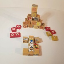 Vintage Lot of 27, Wooden ABC Alphabet Letter Animal Picture Toy Building Blocks