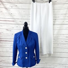 Le Suit 2PC Pants Suit Women s 8 Blue/White Blazer Buttons Long Sleeves