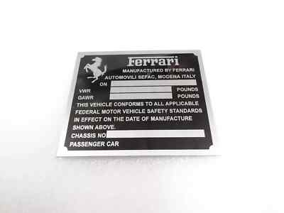 DATA PLATE FOR VINTAGE FERRARI VWR GAWR CHASIS FEDERAL SAFETY STANDARDS #V283-8