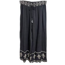 Elie Tahari Black Crepe Embroidered Drawstring Wide Leg Pants Womens Size Large