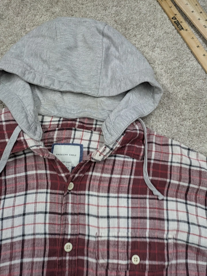 American Eagle Hooded Flannel Jacket Mens M Medium Red Plaid Button Super Soft - Image 4 of 4