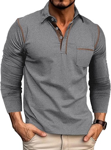 Men's Long Sleeve Polo Shirt Cotton Lightweight Button Collar Golf T-Shirt - Bild 10 von 89