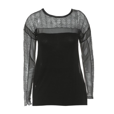 BCBG Max Azria Mesh Sheer Lace Top Black Long Sleeve Modal Whimsygoth Goth S
