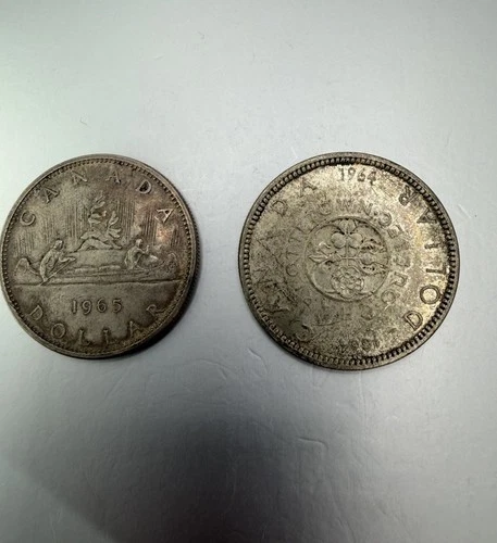 2x Canada Silver Dollars 1965 & 1964, Set 1.2 ozt Pure Silver, Beautiful Luster