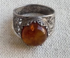Vintage Sterling Silver 925 Cabochon Amber Filigree Ring Sz 9