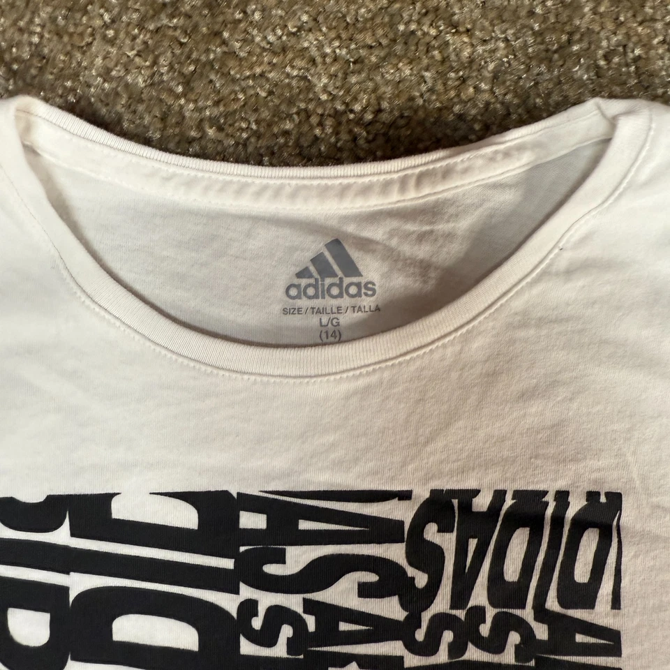 Camiseta Adidas Niñas Grande (14) Blanca Gráfica Algodón Ropa Informal Dobladillo Alto Bajo Foto 3 de 4
