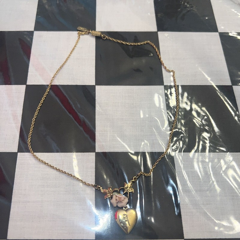 1928 Gold Tone Necklace With Heart Pendant “A” , Flower