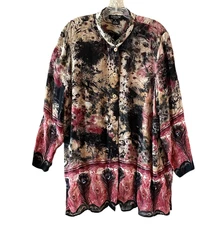CITRON SANTA MONICA Size 1X Fall Colors Silk Sheer Embroidered Sequins Tunic Top
