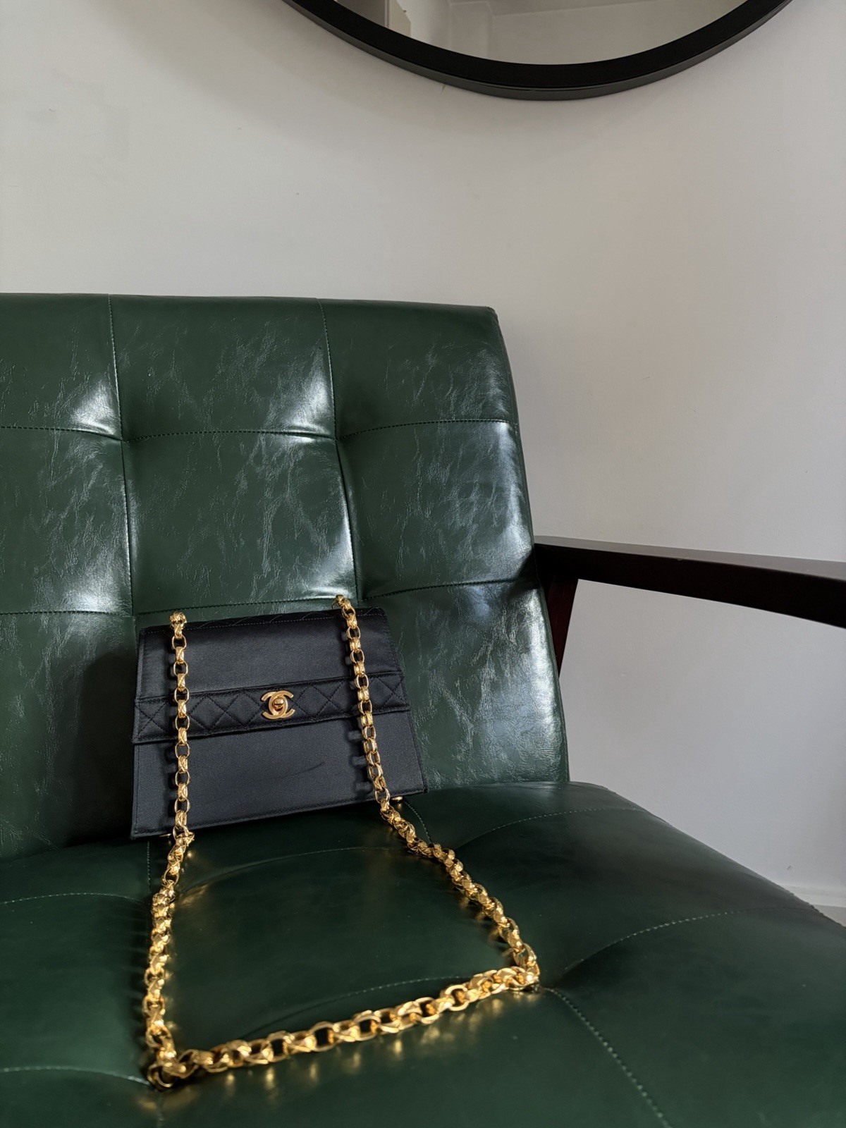 Rare Chanel Satin Black Trapezoid Bag 24 Carat Gold Bijoux Chain ✨