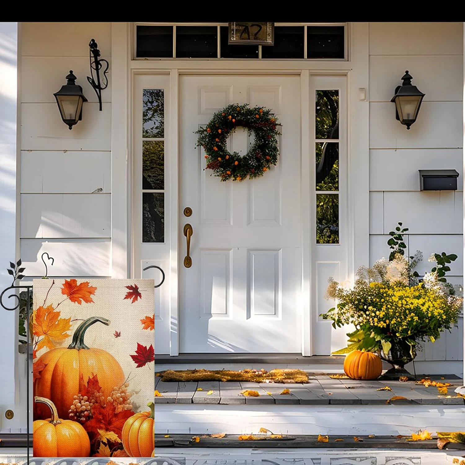 Fall Pumpkin Garden Flag  Maple Leaf Thanksgiving Rustic Double-Sided