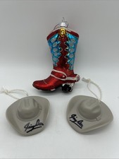 Set Of 3 Christmas Ornaments One Glass Cowboy Boot Two Gray Cowboy Hats Signed