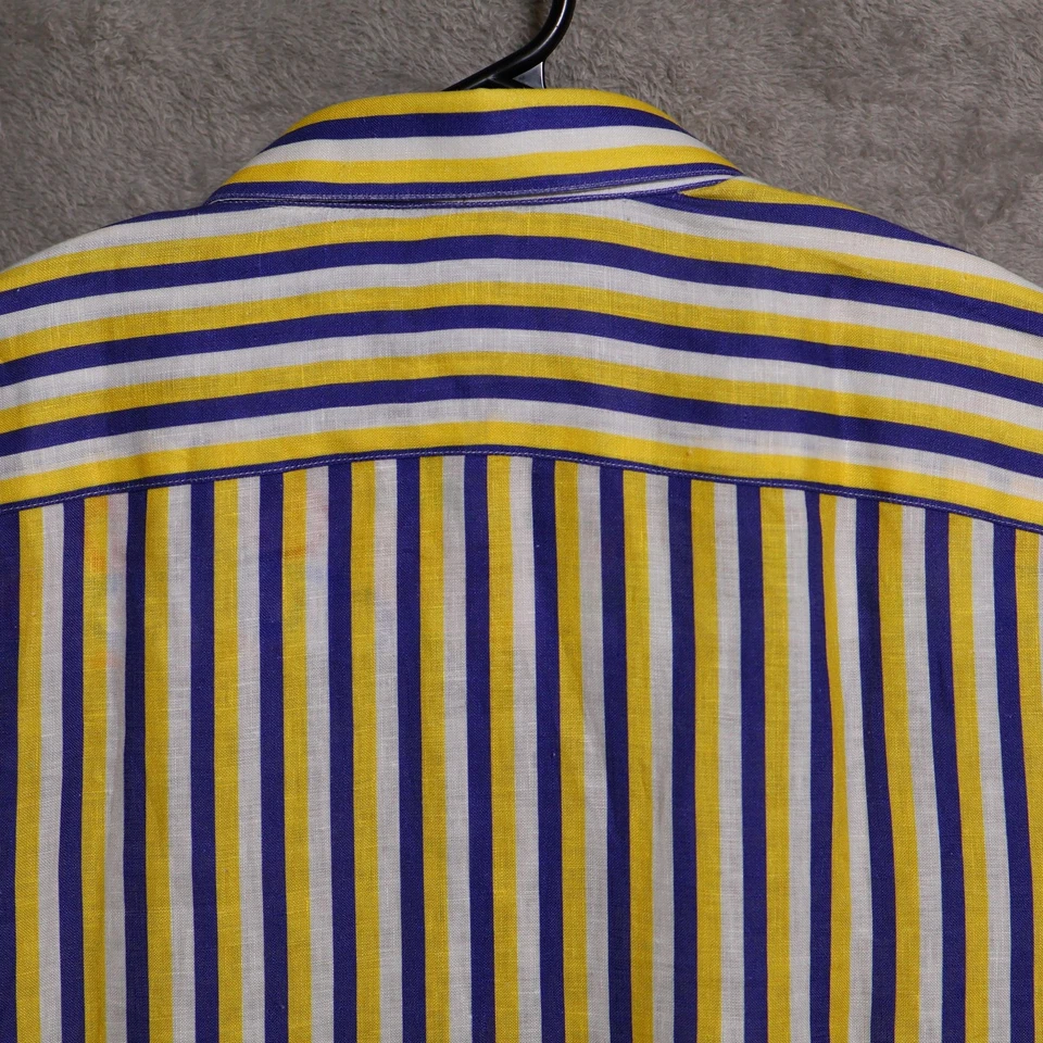 Cordone Shirt Mens 18 45 Yellow Blue Stripe Linen Long Sleeve Made in Italy - Image 4 of 4