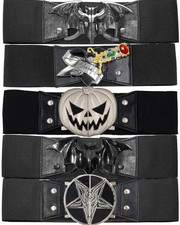 Kreepsville Black Waist Elastic Belt Elvira Dagger Bat Baphomet Pumpkin 3 Sizes