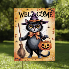 Halloween Yard Sign Welcome Cat Witch with Pumpkin Outdoor Lawn Decor