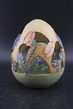 Hand-crafted Ceramic Egg Shaped Candle Luminary Floral Folk Art Cut-Outs Signed