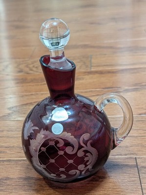 Ruby Red Czech Bohemian Cut To Clear Cruet With Stopper Hand Arbeit Label
