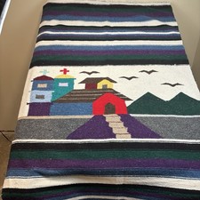 Southwestern Hand Woven Village Scene Throw Blanket 82x47 Folk Art Wool Blend