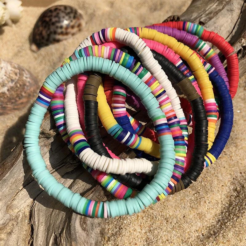 Boho Heishi Polymer Clay Disc Bead Stretch Bracelet Multicolored Beads Jewelry