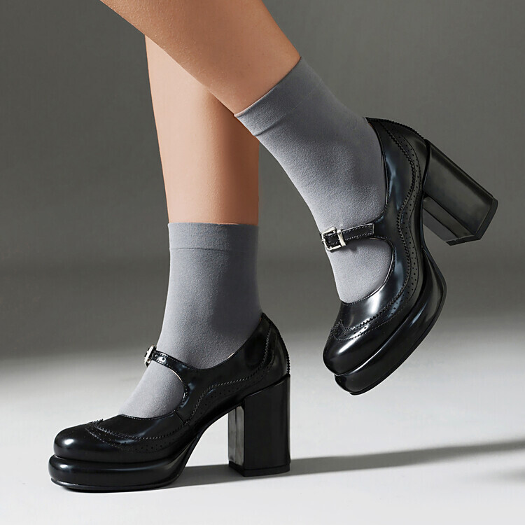 Womens Fashion Platform Mary Jane Shoes Ankle Strap Wingtip Brogues