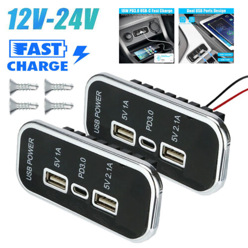 2pcs 12V Auto RV Steckdose Dual USB Ladegerät + PD3.0 KFZ Buchse Einbau Wohnwage - Afbeelding 1 van 20